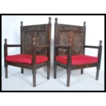 A pair of Jacobean revival hall chairs, drop in seats with 18th century panel backs with lozenge