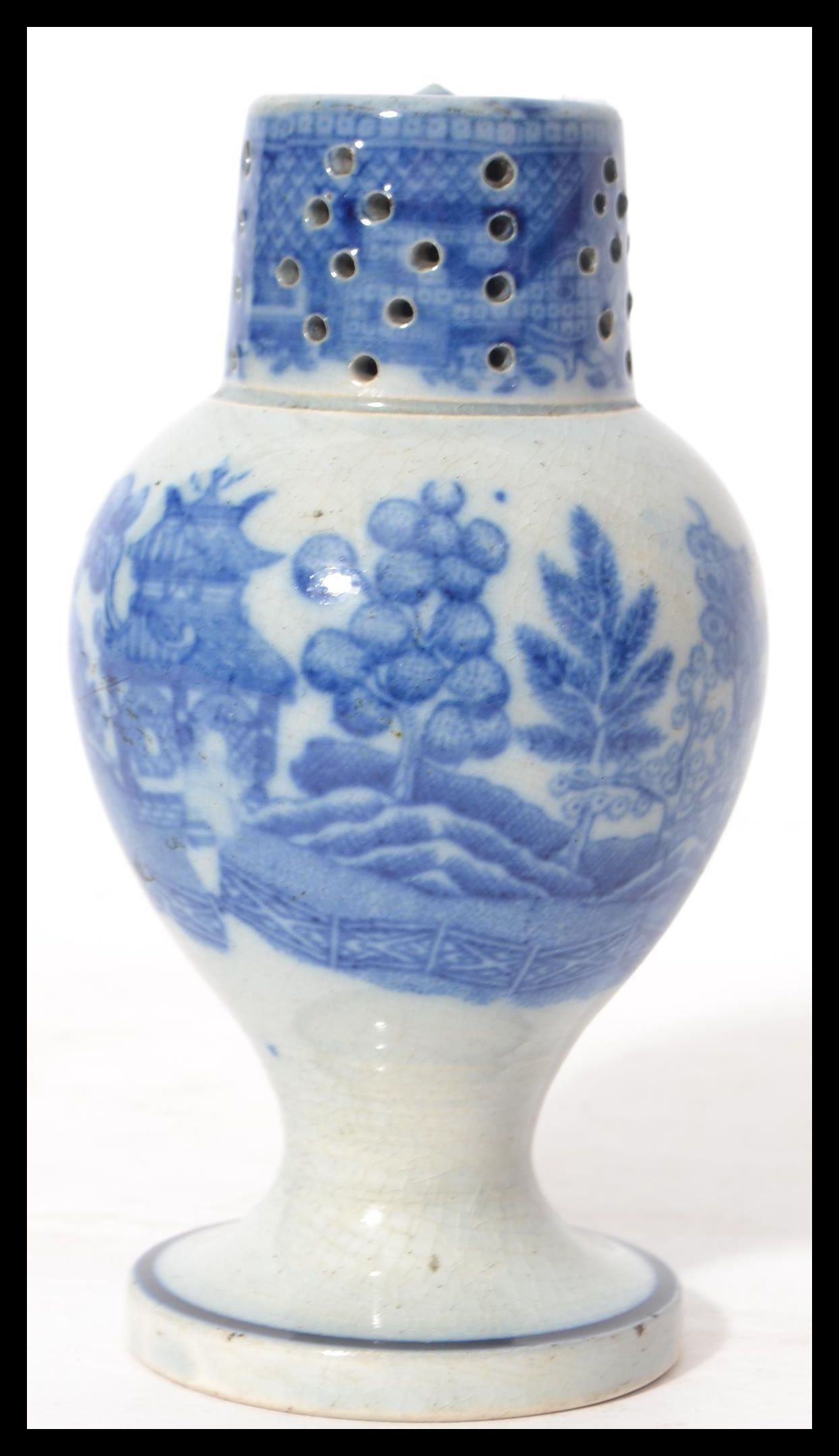 A 19th century blue and white ceramic sander pounce pot having a circular vase with bulbous body and - Image 3 of 6