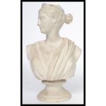 A 19th century Bisque figurine bust statue of Diane the Huntress raised on an ebonised plinth
