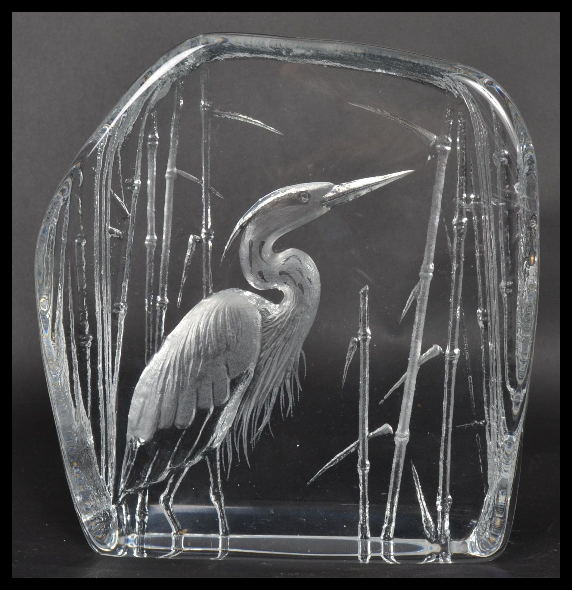 A mid 20th century Scandinavian studio art glass sculpture paperweight in the form of a Heron.