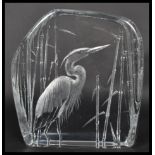 A mid 20th century Scandinavian studio art glass sculpture paperweight in the form of a Heron.