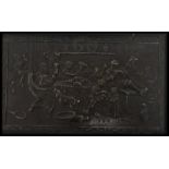 A framed continental hallmarked 19th century silver plaque depicting court scenes and Jesters /