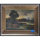 English School 19th century oil painting on canvas of a river landscape with church and village to