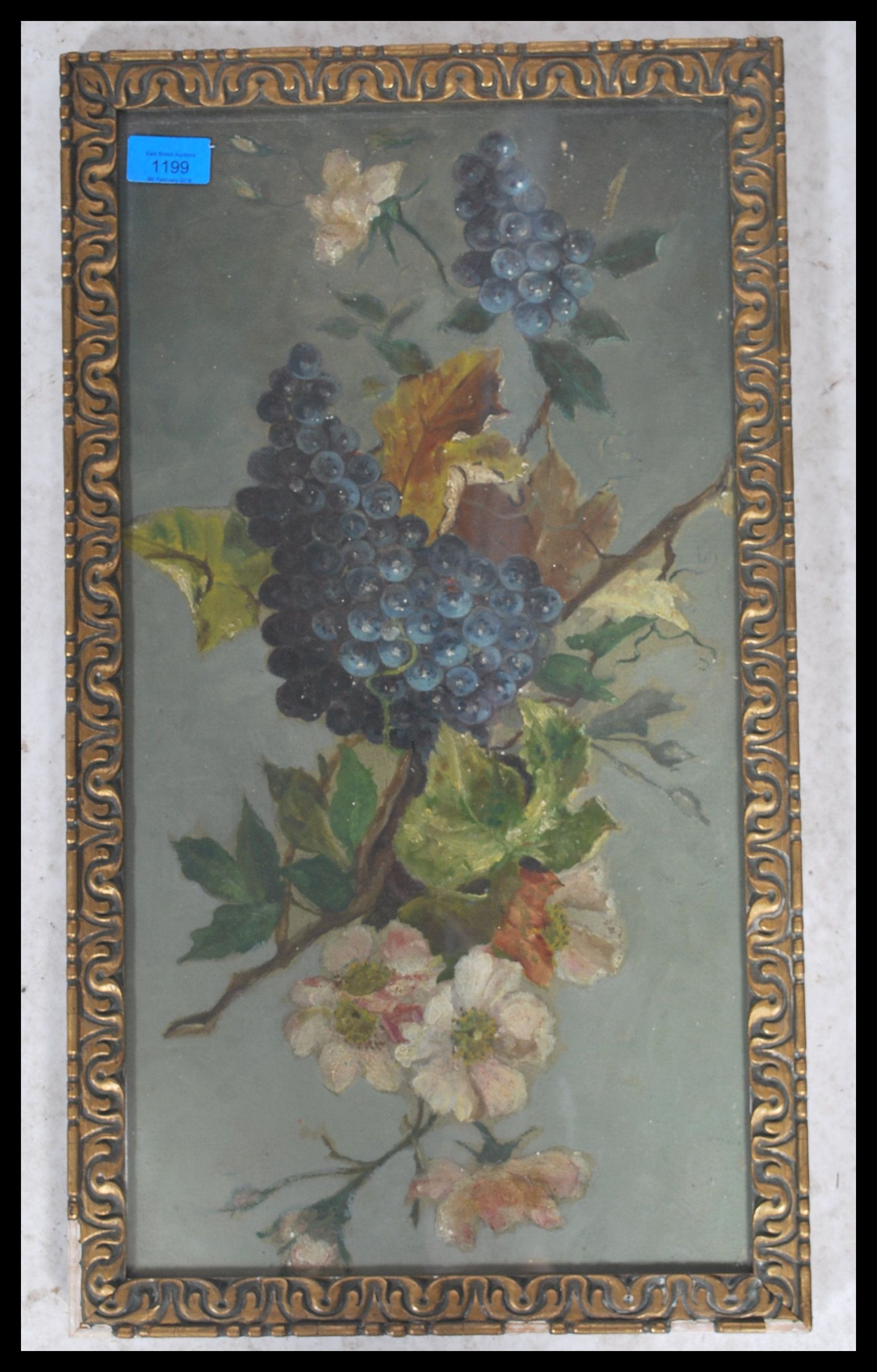 An early to mid 20th century oil on board still life painting depicting dog roses and grapes,