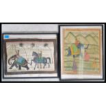 A framed and glazed Rajasthani hand painted on silk paintings depicting Moghul warriors and