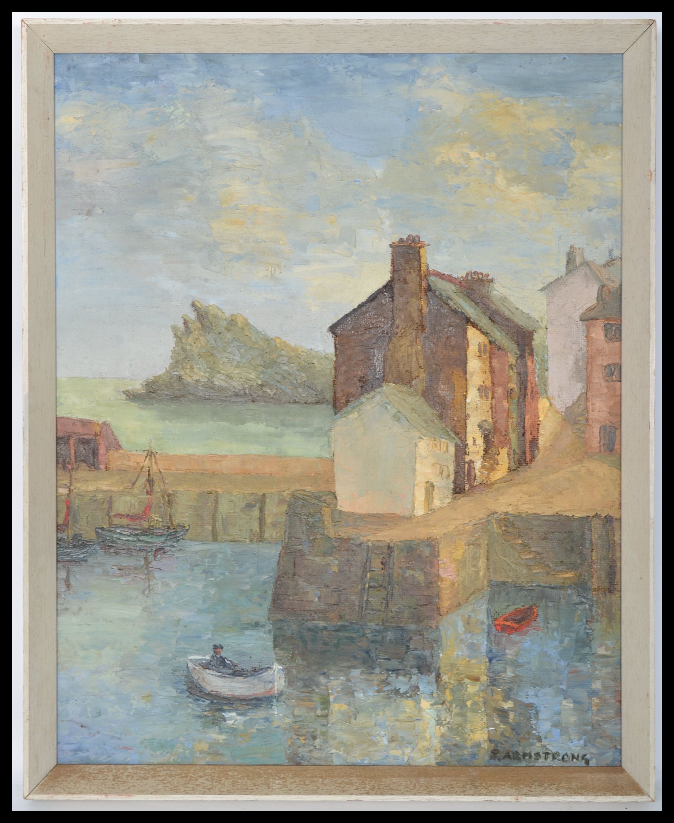 A vintage retro 20th century framed oil on board Harbour scene painting by J. I. Armstrong - Image 2 of 7