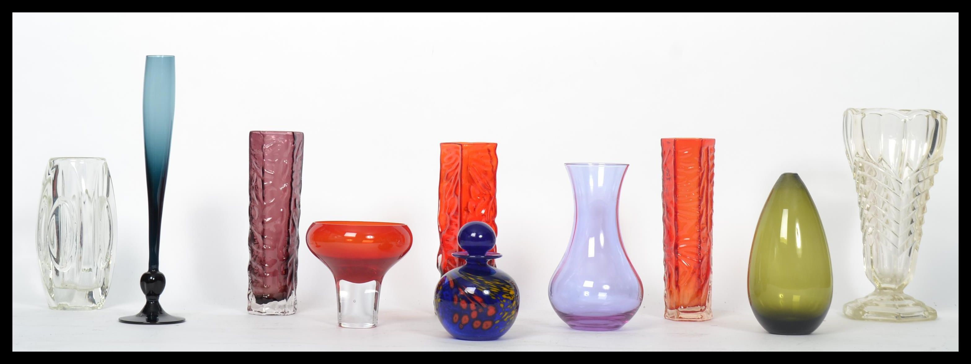 A group of vintage 20th century studio art glass items to include a pair of Japanese vases a