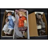A collection of 6x vintage Alberon 14" porcelain dolls in various vintage style outfits. With stands