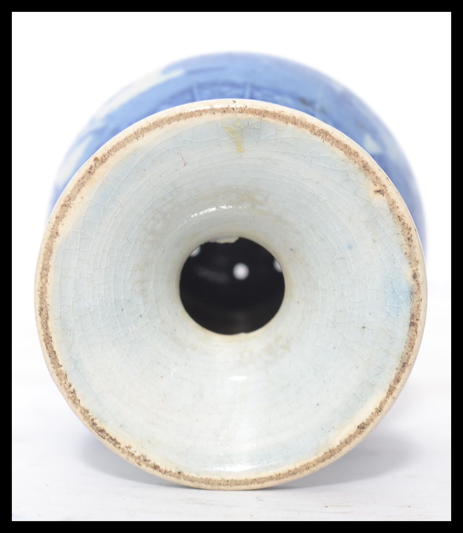 A 19th century blue and white ceramic sander pounce pot having a circular vase with bulbous body and - Image 6 of 6