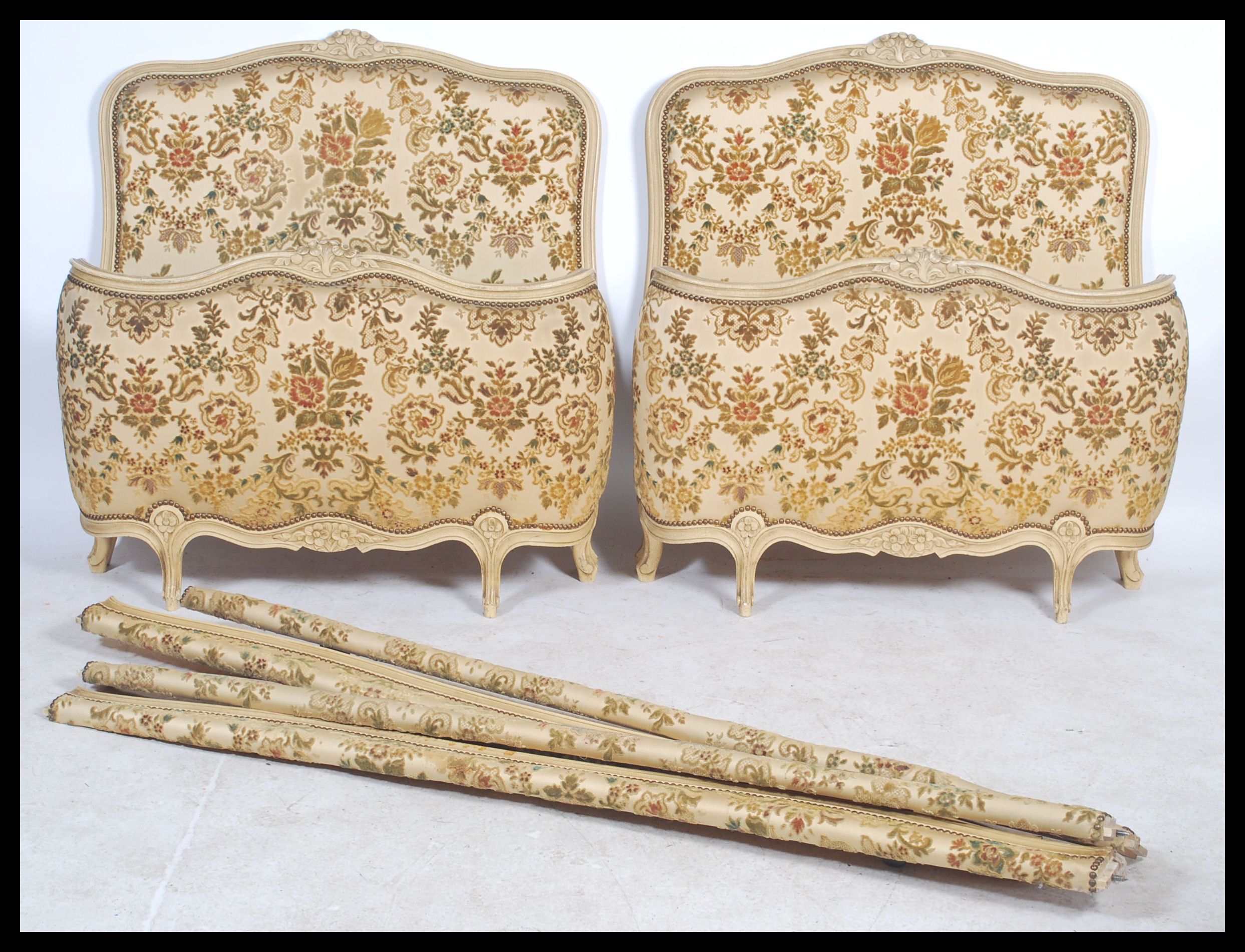 A pair of vintage 20th century French Single Corbeille beds having shabby chic painted head and - Image 2 of 4