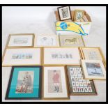 A large collection of framed and glazed pictures to include Etchings, wood blocks, water colour