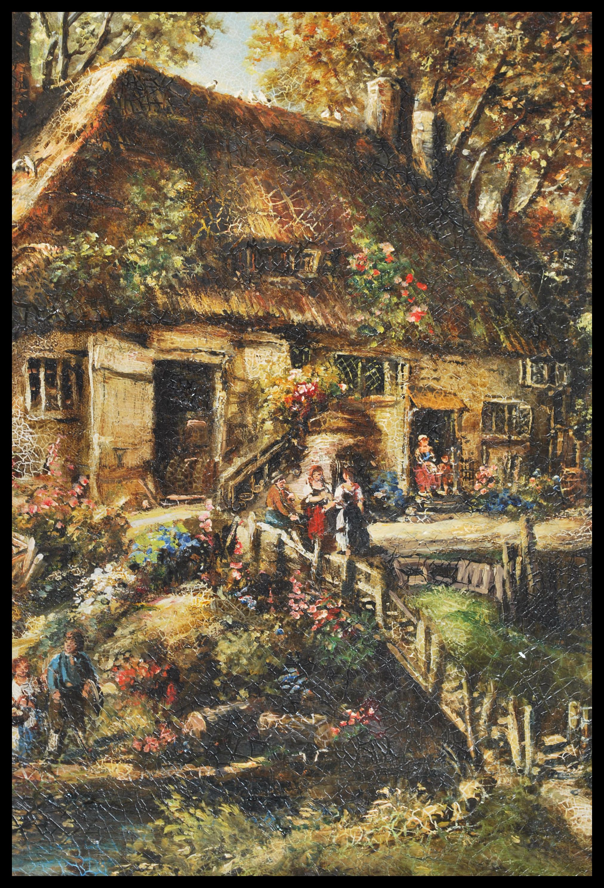 A 20th century English school oil on canvas painting of rural countyside scene depicting a cottage - Image 4 of 5