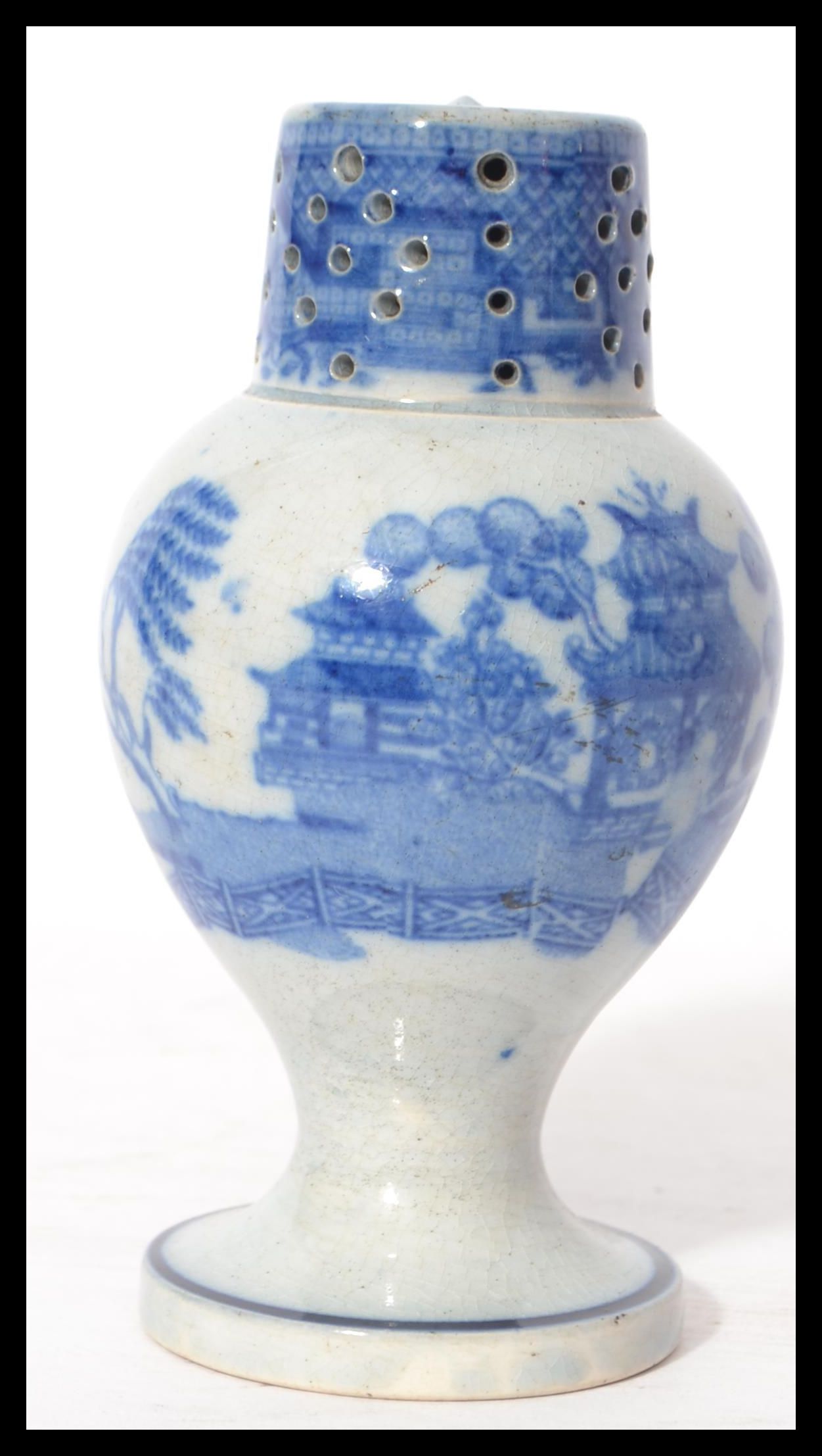 A 19th century blue and white ceramic sander pounce pot having a circular vase with bulbous body and - Image 2 of 6