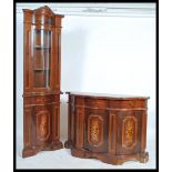 An antique style Italian marquetry inlaid mahogany bow front corner cabinet. The base with