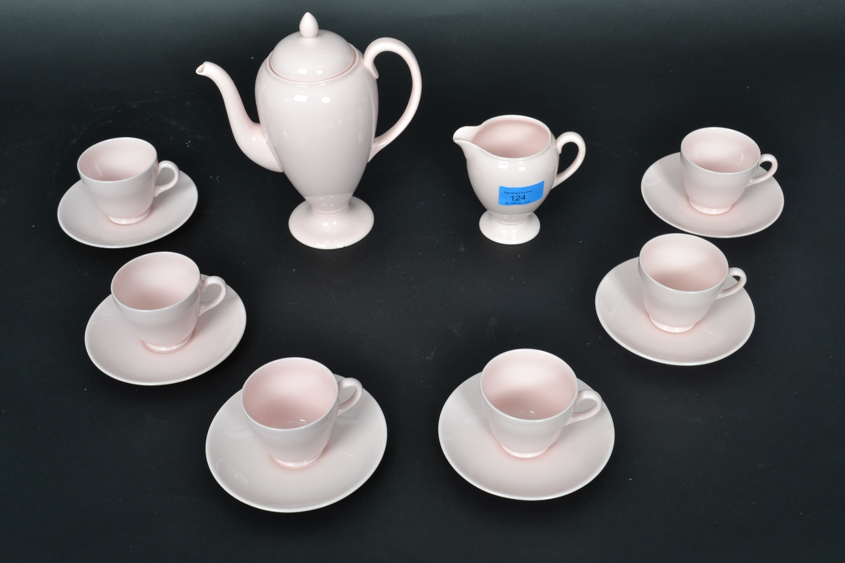 A Wedgwood ceramic tea service in the Alpine Pink pattern consisting of cups saucers tea pot creamer - Image 2 of 3