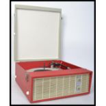 A vintage retro 20th century two tone vinyl cased record player with dials to front. When closed
