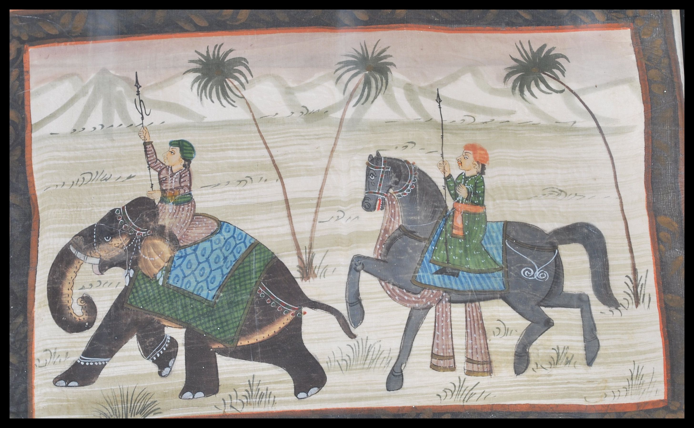 A framed and glazed Rajasthani hand painted on silk paintings depicting Moghul warriors and - Image 5 of 5