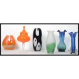 A group of mid 20th century studio art glass vases of various form to include Murano vase, frosted