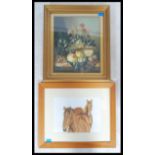 A framed and glazed watercolour painting of two horses titled ' Double Trouble ' signed Marie