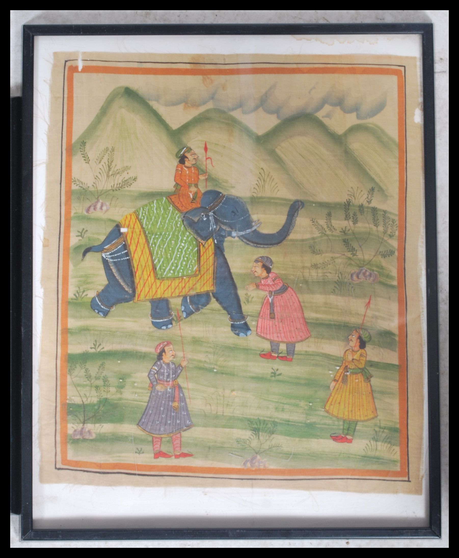 A framed and glazed Rajasthani hand painted on silk paintings depicting Moghul warriors and - Image 3 of 5
