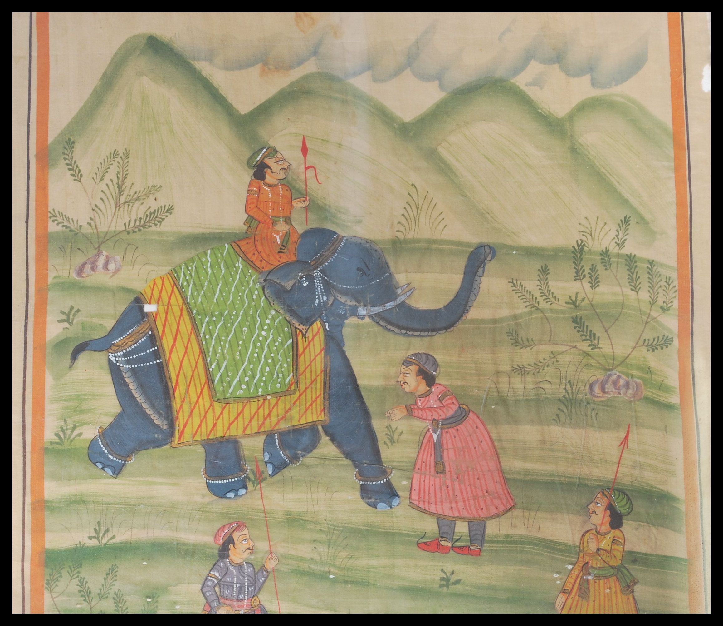 A framed and glazed Rajasthani hand painted on silk paintings depicting Moghul warriors and - Image 4 of 5