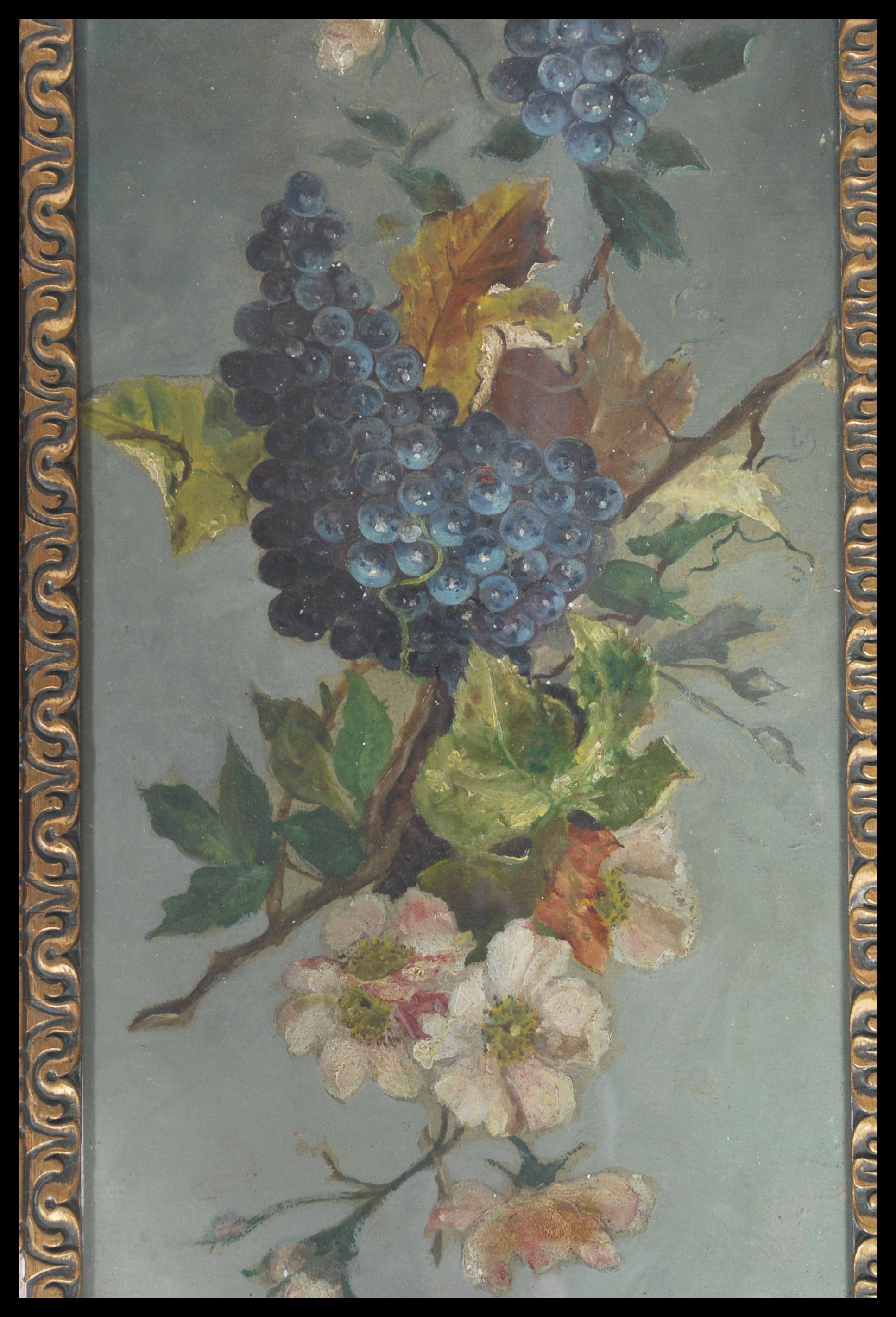 An early to mid 20th century oil on board still life painting depicting dog roses and grapes, - Image 2 of 4