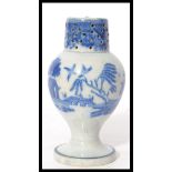 A 19th century blue and white ceramic sander pounce pot having a circular vase with bulbous body and