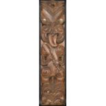 An early 20th century well carved large Maori tribal warrior wooden wall hanging with typical paua