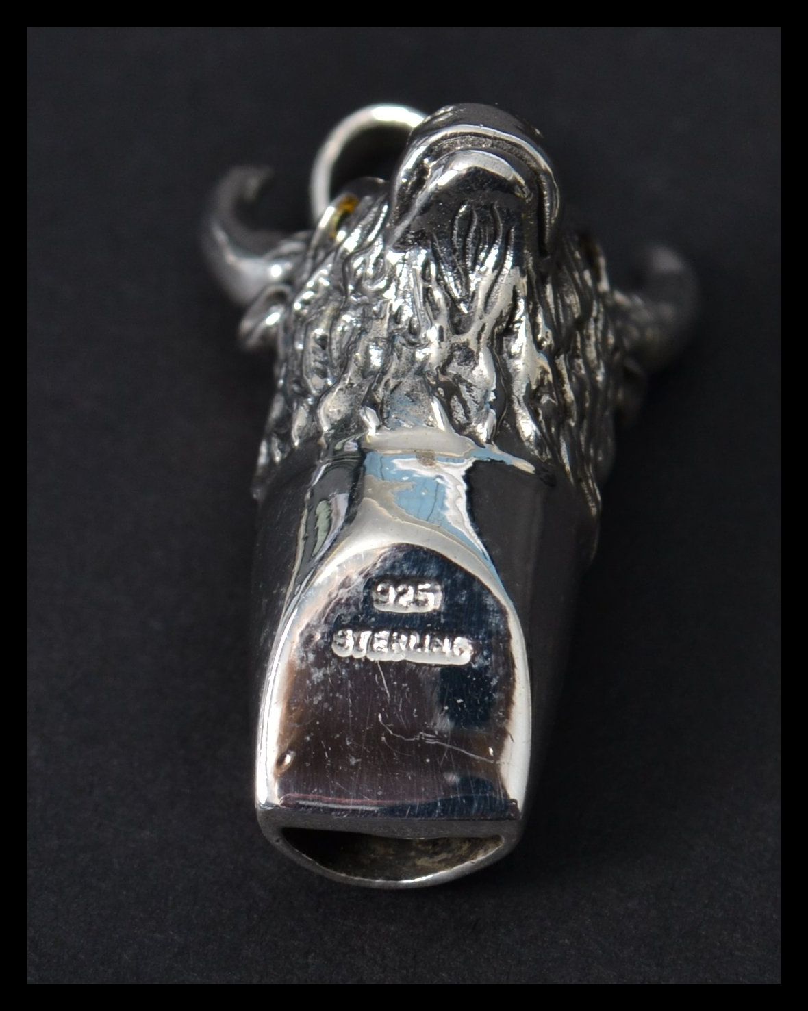 A sterling silver whistle in the form of  a bulls head with horns and bail loop. Weighs 17 grams. - Image 6 of 6