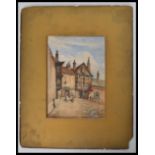 A 19th century watercolour painting of a period street scene depicting cobbled streets and