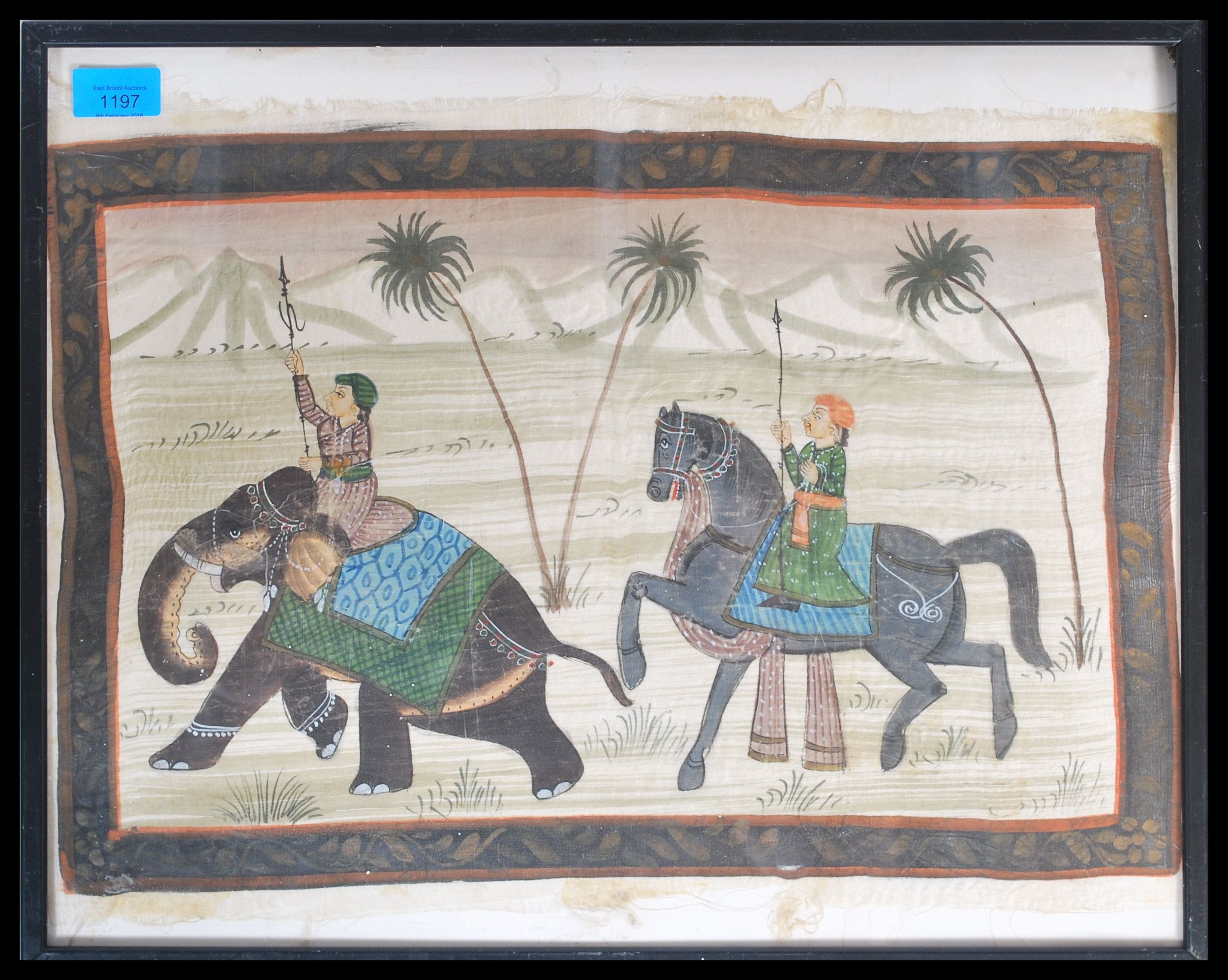 A framed and glazed Rajasthani hand painted on silk paintings depicting Moghul warriors and - Image 2 of 5