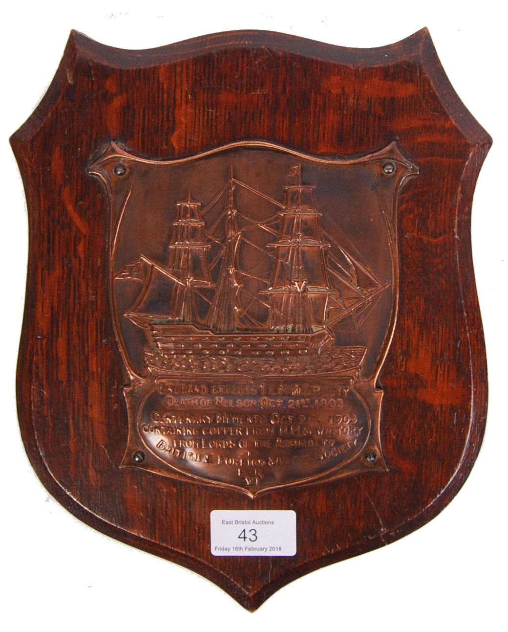 ANTIQUE OAK & COPPER TRAFALGAR COMMEMORATIVE PLAQUE