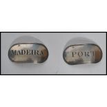2 silver 18th century hallmarked decanter labels in the thread pattern with notation ofr Port and