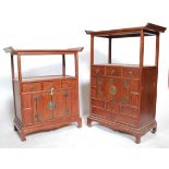 A non matching pair of 20th century Chinese elm wood pedestal bedside / side cabinet tables. Each