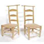 A pair of French country pine prie-dieu chair having straw weaved seat and spindle stretchers raised