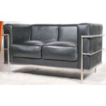 After Le Corbusier - An 'LC2 ' type black vinyl leather and chrome 2 seat sofa settee. The