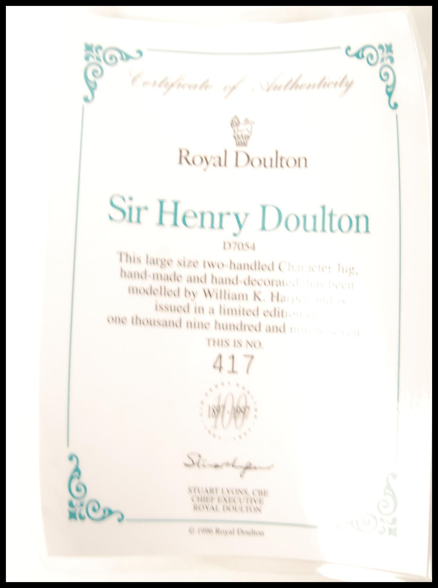 A Royal Doulton limited edition large character jug Sir Henry Doulton D7054 (with cert) 417/1997. - Image 6 of 6