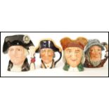 A collection of four Royal Doulton character jugs entitled Lord Nelson D6336 , Rip Van Winkle