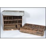 A group of three vintage 20th century scratch built wooden sectional tool trays, each of varying