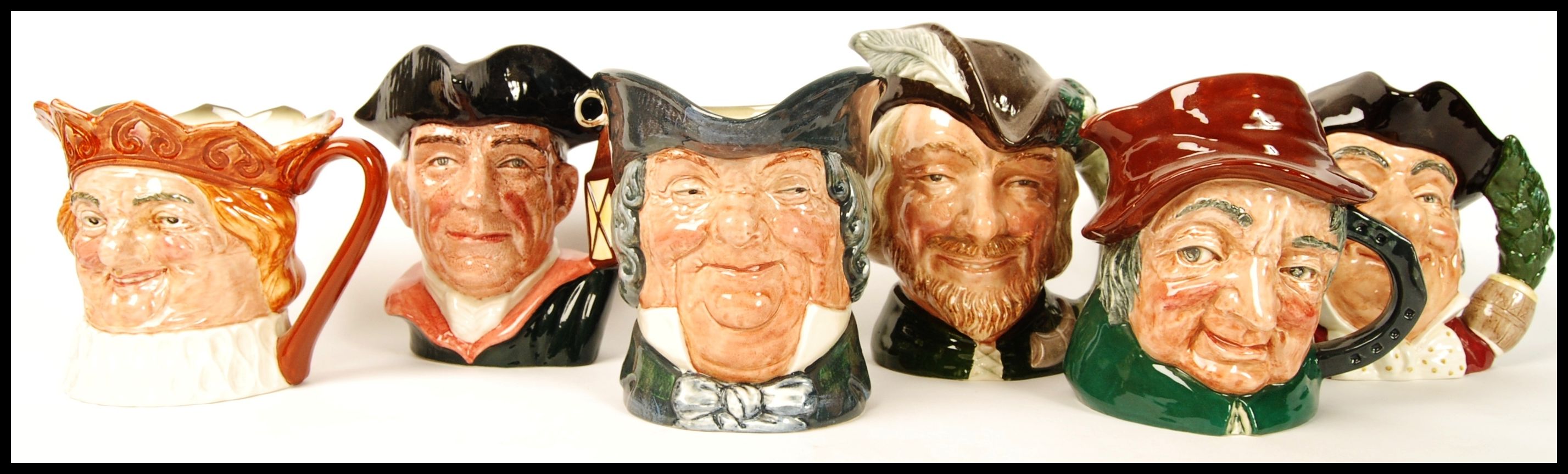 A group of Royal Doulton character jugs to include Old King Cole , Night Watchmen D6569 , Uncle