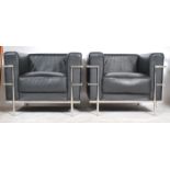 After Le Corbusier - A pair of  'LC2 ' type black vinyl leather and chrome club chair. The