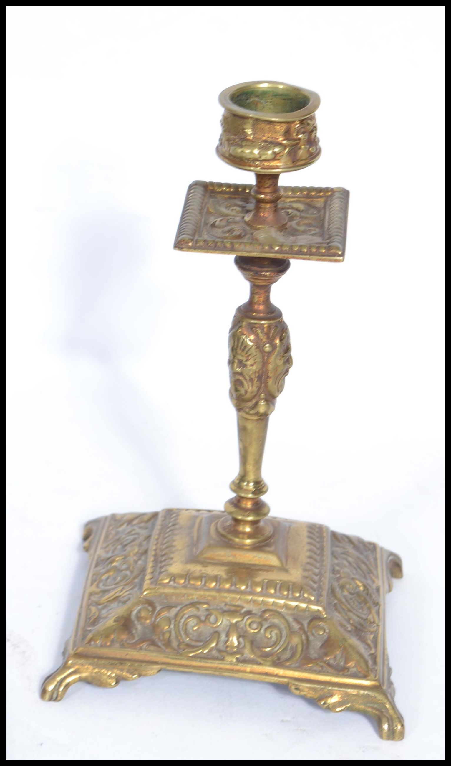A pair of 19th century brass ecclesiastical candlesticks, each with single sconces together with a - Image 3 of 6