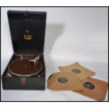 A vintage early 20th century HMV His Masters Voice cased portable gramophone with hinged lids and
