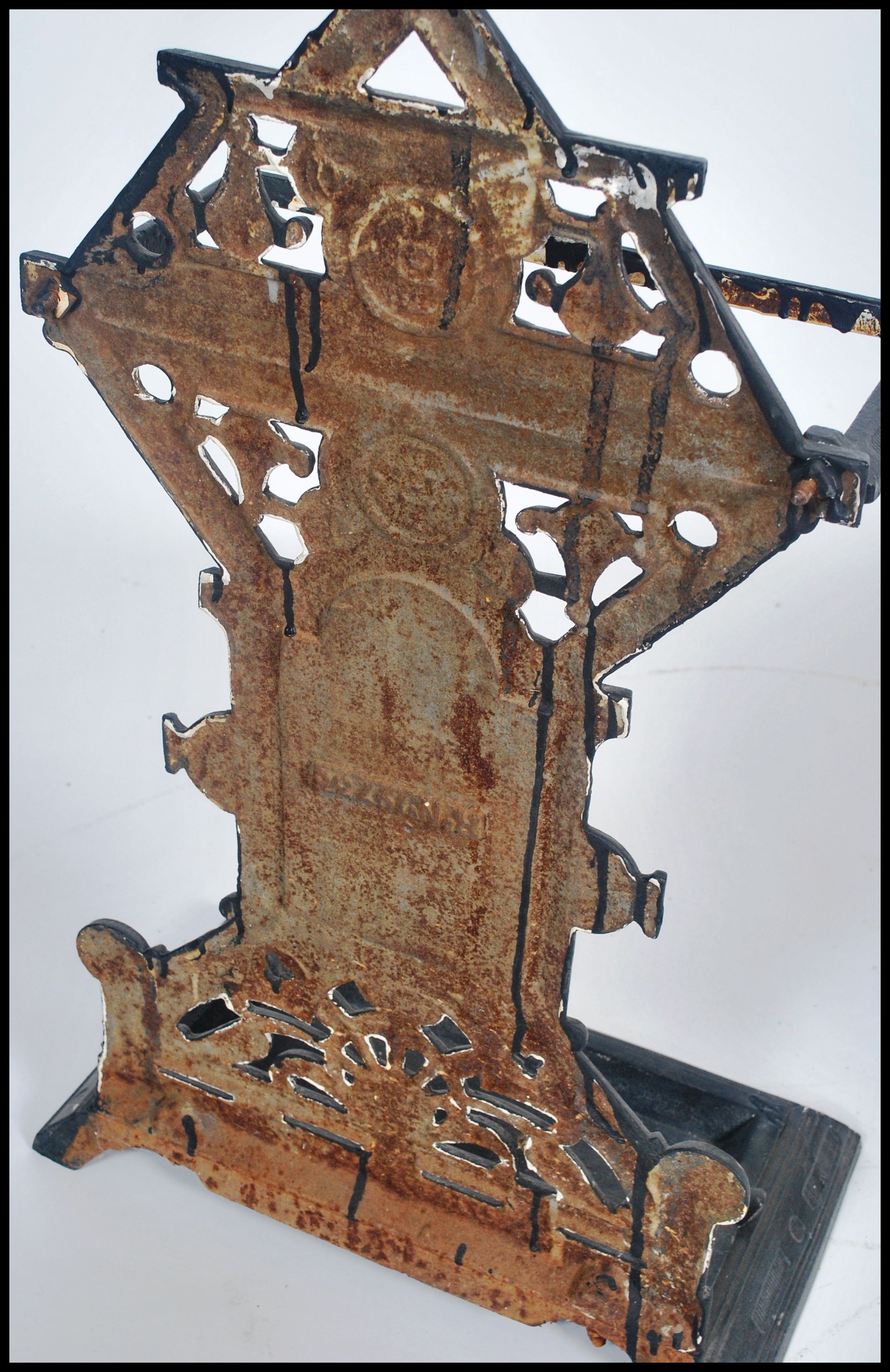 A Victorian cast iron aesthetic movement stick stand. Tray base with upright column back having - Image 5 of 5