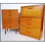 A 20th century retro teak wood veneer bureau fall front opening to reveal a fully appointed interior