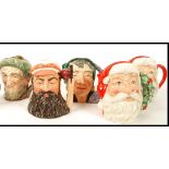 A group of five Royal Doulton character jugs to include WG Grace D7032 ,, Owd Mac , Santa Claus