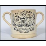 A 19th century Victorian two handle transfer printed ploughing mug, God Speed The Plough with