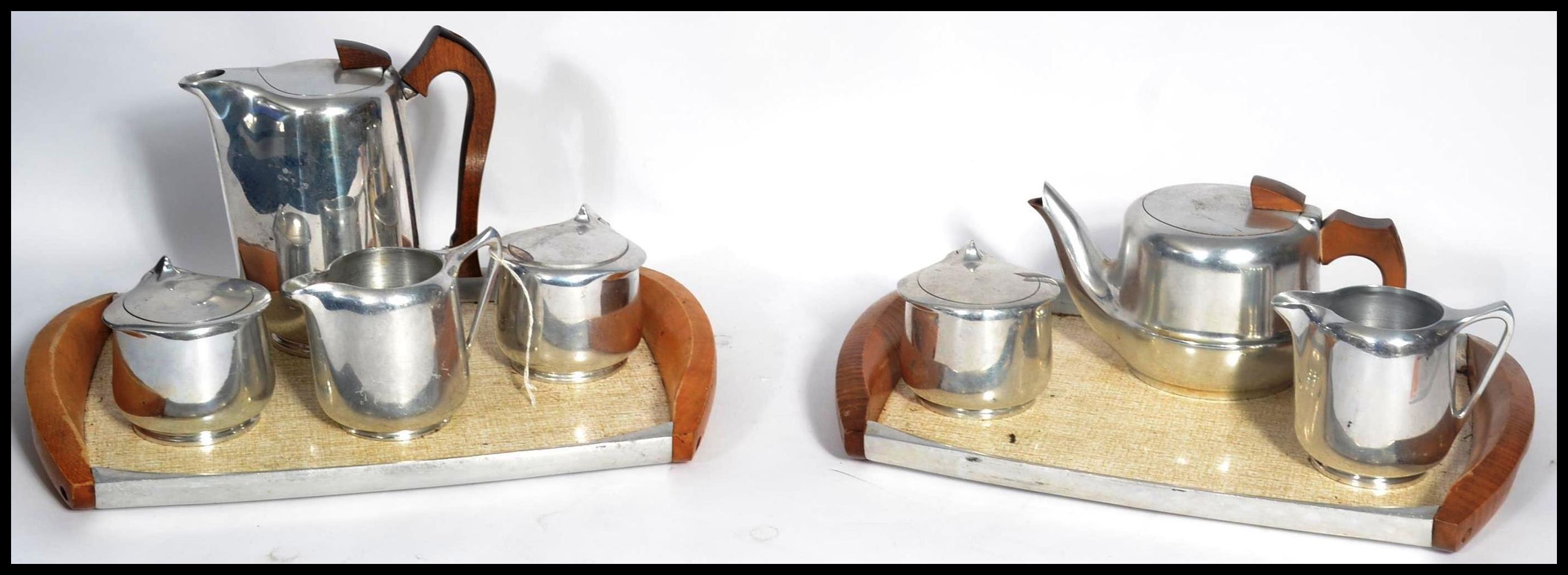 A vintage Picquot ware mid century stainless steel and teak wood service comprising 2 trays, - Image 2 of 8