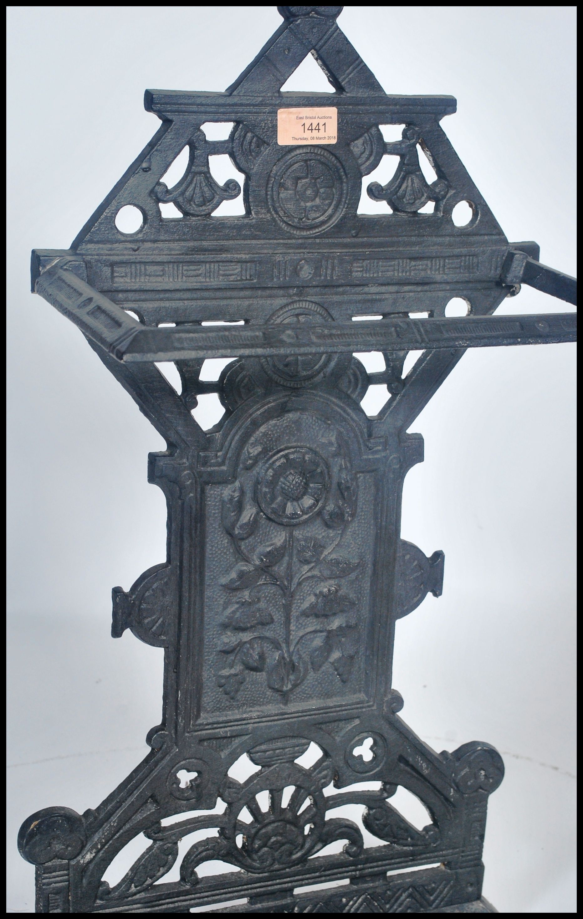 A Victorian cast iron aesthetic movement stick stand. Tray base with upright column back having - Image 3 of 5