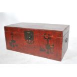 An antique Chinese Gansu province popular wood storage trunk / blanket box / coffer having a red